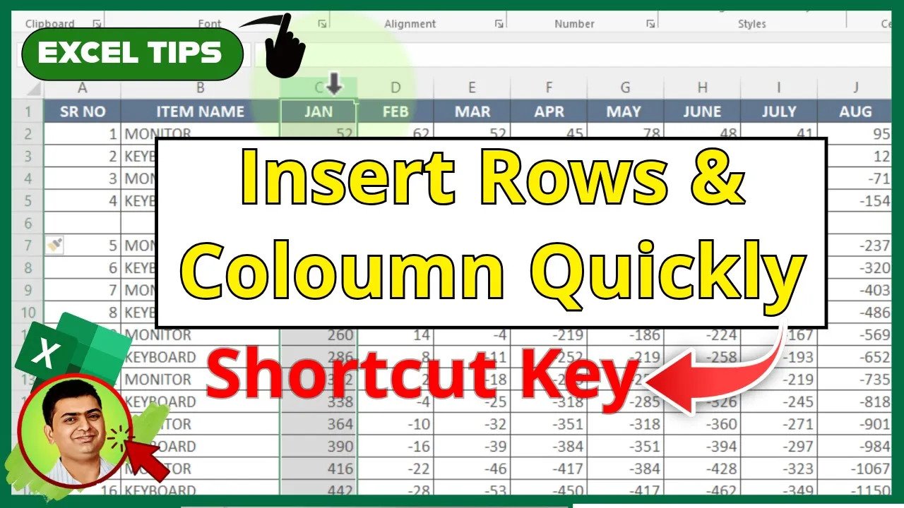 Insert Rows & Column in Excel using Shortcut key